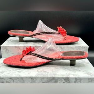 COLE HAAN Mindi Beaded Thong Kitten Heel Sandals Cora or Coral Color. Size 10 B